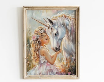Girl Room Unicorn Print, Unicorn Art For Kids Magical Nursery Print Little Girl And Her Unicorn Friendship Art Pink Unicorn Painting
