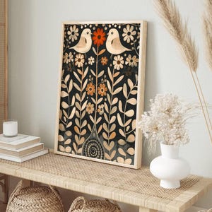 Scandinavian Art Norwegian Folk Art Floral Bird Print Nordic Art Gallery Living Room Art Modern Home Decor, Cafe Art Set Scandi Norway Art image 2