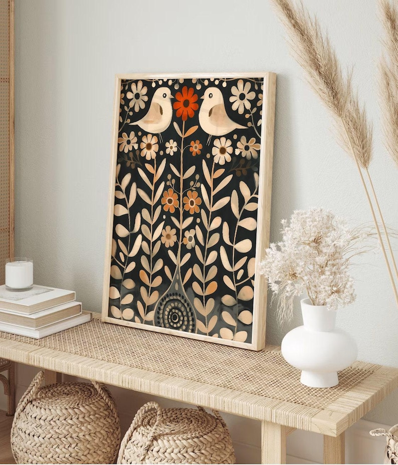 Scandinavian Art Norwegian Folk Art Floral Bird Print Nordic Art Gallery Living Room Art Modern Home Decor, Cafe Art Set Scandi Norway Art image 2