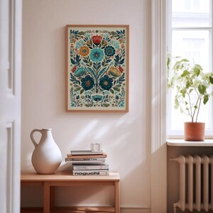 Polsk folkkonst Polska plakater Vintage blommig väggkonst Retro Polen heminredning Traditionell polsk gåva Blå blomtryck Polsk folkkonstdesign bild 3