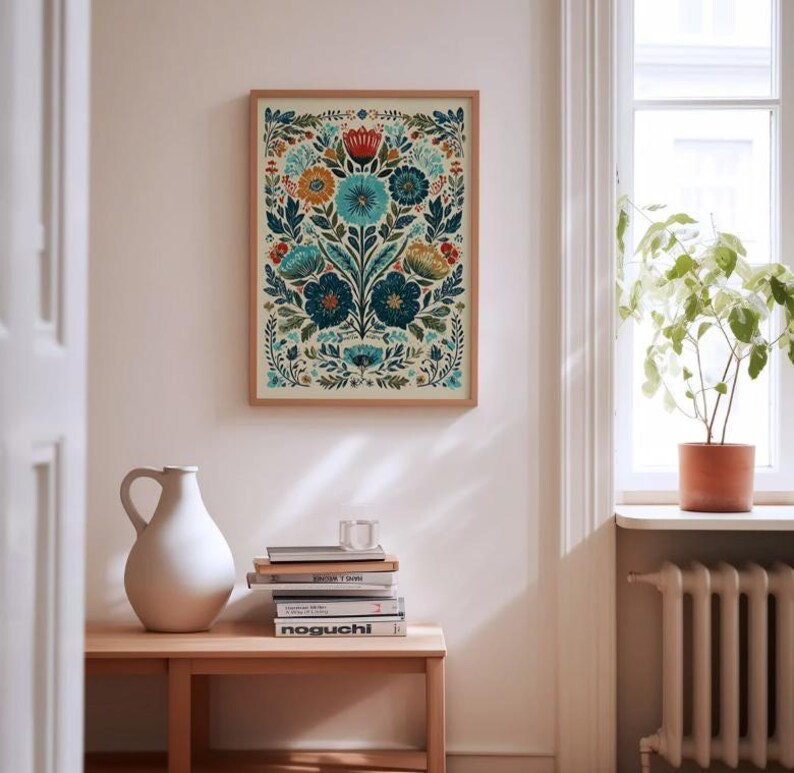 Polsk folkkonst Polska plakater Vintage blommig väggkonst Retro Polen heminredning Traditionell polsk gåva Blå blomtryck Polsk folkkonstdesign bild 3
