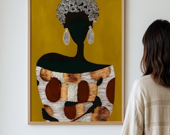 Modern Afrocentric Woman Art, Contemporary Yellow Wall Art, Abstract Black Queen Print