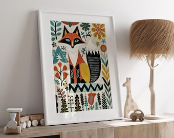 Nordic Fox Art, Kids Room Woodland Decor, Fox Print, Adventure Nursery Prints Scandi Fox Print Scandinavian Kids Art Woodland Nursery Prints
