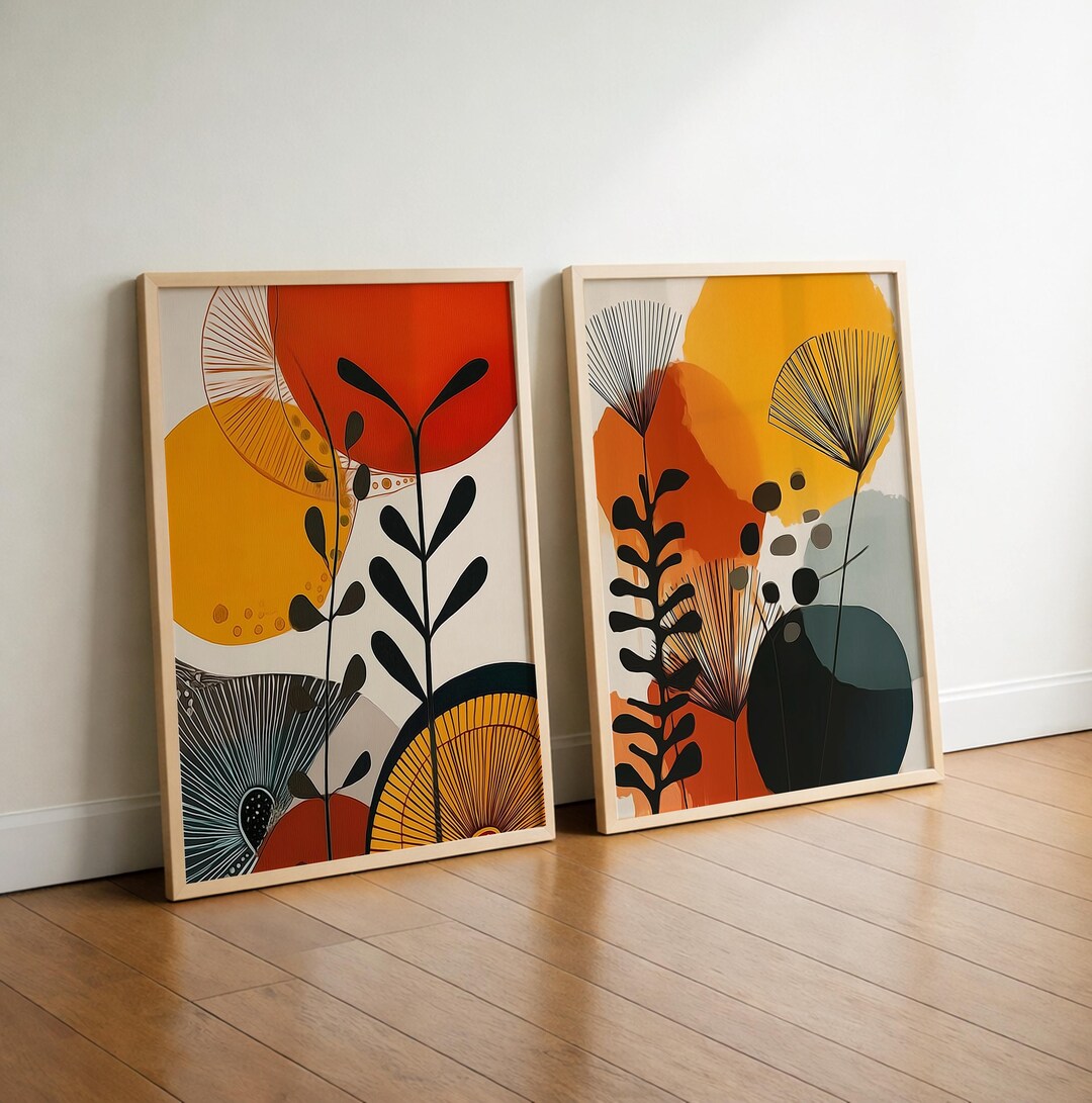 Abstract Botanical Wall Art Set, Modern Boho Floral Prints, Mid Century ...