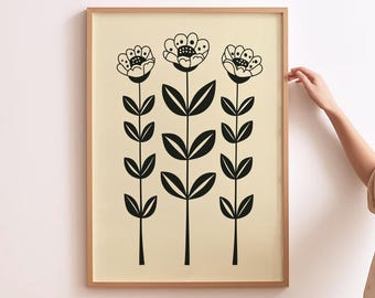 Minimalistischer Blumendruck Mid Century Blumenkunst Neutral Botanisches Poster, Beige ästhetischer Druck Modernes Esszimmer Kunst Frühlingsblumen-Wandkunst