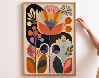 Scandinavian Floral Wall Art Colorful Botanical Poster Bright Flower Artwork Retro Mid Century Modern Home Decor Colorful Wall Print