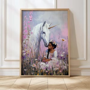 Impresión de unicornio para habitación de niña, arte de unicornio para niños, impresión mágica para guardería, niña y su unicornio, arte de la amistad, pintura de unicornio rosa