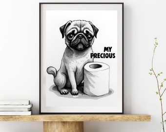 Pug Bathroom Print, Funny Pug Print, Cute Pug Picture, Pug Digital Download