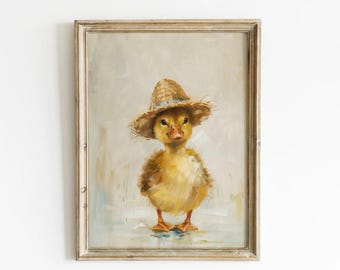 Farmhouse Nursery Art Vintage Duck Portrait Painting Rustic Wall Art Decor Vintage Farmhouse Wall Art Farm Animal Print Nursery Duckling