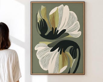 Green Floral Wall Art Print, Modern Botanical Poster, Olive Green Flower Art, Minimalist Nature Print