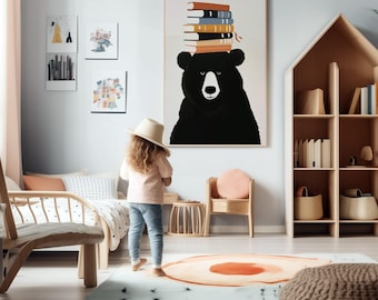 Kids Room Art, Bear With Books, Reading Corner Art, Kids Reading Prints, Educational Reading Art For Children, Homeschool Decor