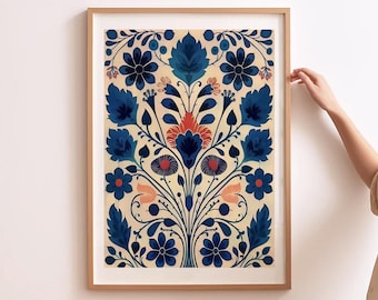 Scandinavian Folk Art Floral Scandi Print Nordic Wall Art Folk Living Room Art Modern Home Decor Kitchen Print Scandi Art Blue Wall Art