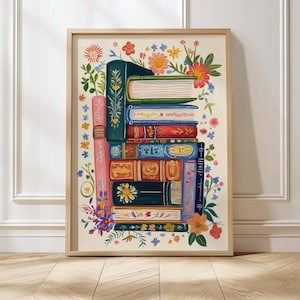 Arte murale libresca Angolo lettura Arte popolare cottagecore Stampa con bordo floreale Decorazione cottagecore Regalo per amanti della lettura Download stampabile libresco