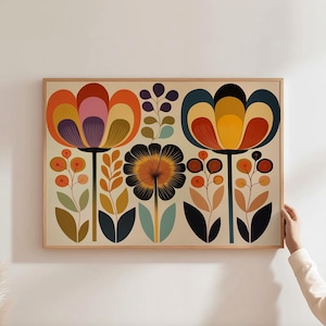 Scandinavian Wall Art Botanical Folk Print Mid Century Flower Art Botanical Bedroom Print Boho Home Decor Retro Flower Art Scandi Print