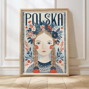 Poland Folk Art Poster Polish Girl with Braids in Traditional Slavic Dress Vintage Style Illustration Polish Wall Print