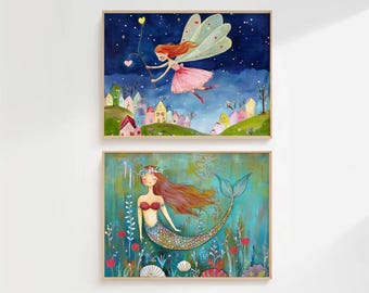 Fairy and Mermaid Art Prints, Whimsical Girls Room Decor, Fantasy Wall Art