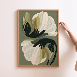 Lámina decorativa floral verde para pared, póster botánico moderno, arte floral verde oliva, lámina minimalista de naturaleza. imagen 4