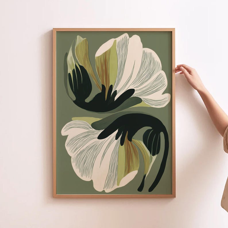 Lámina decorativa floral verde para pared, póster botánico moderno, arte floral verde oliva, lámina minimalista de naturaleza. imagen 4