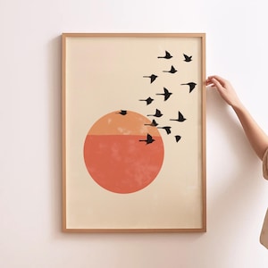 Zwerm vogels muurkunst moderne Japanse muur wordt afgedrukt beige muur decor minimalistische Japandi kunst Scandinavische muur wordt afgedrukt aardetinten kunst minimaal