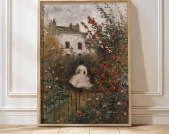 Vintage Painting, Vintage English Cottage Art, Printable Dining Room Decor Digital Download, Rose Garden