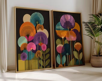 Maximalistische botanische Drucke, rosa eklektisches Dekor, abstrakte bunte Blumenkunst, trendige Wandkunst Set Retro Blumenwandkunst 2er Set,