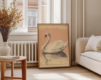 Vintage Swan Art Vintage Nursery Swan Print Girls Room Pink Swan Art Farmhouse Wall Print Vintage Swan Sketch Cottagecore Home Decor
