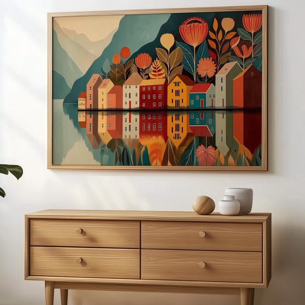 Scandinavian Village Print Swedish Wall Art Modern Nordic Decor Scandi Wall Art New England Village Housewarming Gift Scandinavian Art