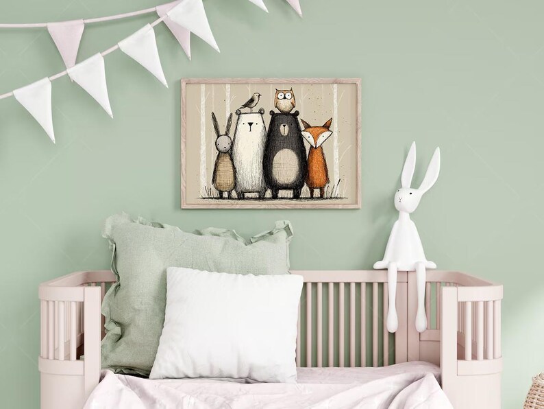 Scandinavian Woodland Art Forest Nursery Print Scandi Woodland Nursery Decor Panoramic Decor Animal Art For Baby Room Nature Nursery Art image 4