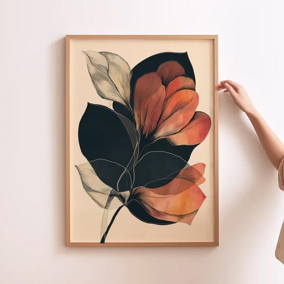 抽象的な花のアート、花柄プリント、モダンな花の壁アート、植物の寝室 