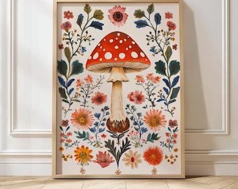 Folk Art Mushroom Print Scandinavian Wall Art Amanita Illustration Botanical Fungi Decor Cottagecore Forest Kitchen Poster