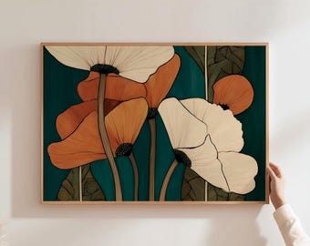 Abstract Botanical Wall Art Floral Teal Print Modern Flower Wall Art Botanical Bedroom Art Modern Home Decor Mid Century Flower Wall Art