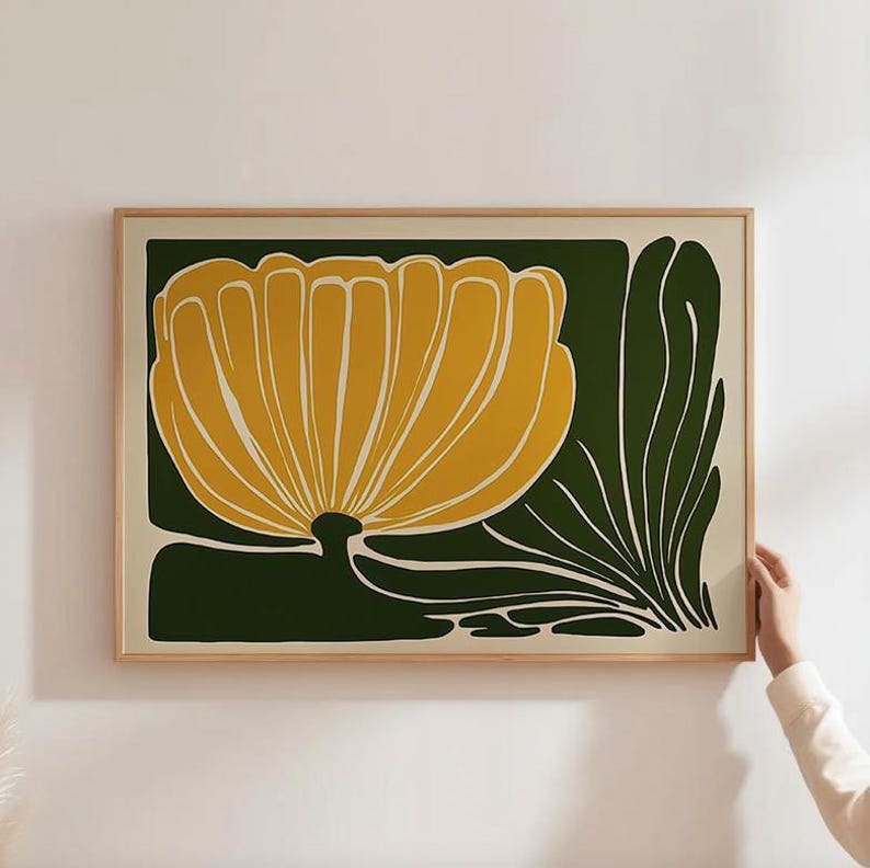 Abstract Floral Art Mid Century Flower Print Yellow Botanical Poster ...
