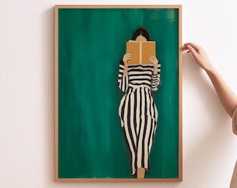 Emerald Green Wall Art Contemporary People Print Reading Corner Art Bookish Wall Decor Woman Reading Print Contemporary Reading Art