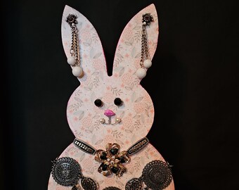 Cute and Sparkly Easter Bunny Decor with Vintage Jewelry Embellishments - One Of A Kind - Hand Crafted Design