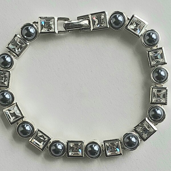 Monet Signed Vintage 1990's Bracelet - Silver Tone Dark Faux Pearl and Bright Clear Rhinestones - 8" Length - Hard to Find Piece!