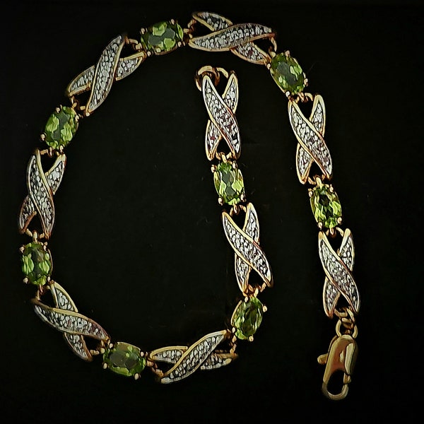 PAJ Signed Vintage Green Stone Gold Stone Bracelet with Single Diamond in Center- Beautiful Find! 7.5" Length