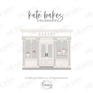 May include: A white storefront with a sign that reads "BAKERY" above the entrance. The storefront has two large windows with pastries displayed inside. The windows are arched and have gray trim. The doors are double doors with a gray frame. The storefront is on a white background.