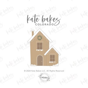 May include: A hand-drawn illustration of a gingerbread house with a wreath on the door and snow on the roof. The text "Kate Bakes Colorado" is written above the house. The text "© 2024 Kate Bakes LLC. All Rights Reserved" is written below the house. A small logo with the text "Kate Bakes Colorado" is in the bottom center of the image.