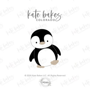 May include: A black and white penguin illustration with a brown beak and feet. The penguin is standing on a white background with the text "Kate Bakes Colorado" in gray.