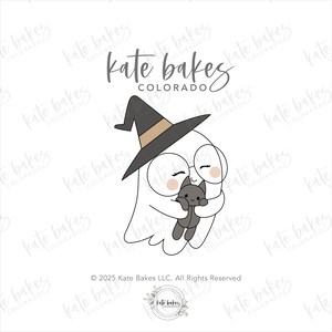 May include: A whimsical illustration of a ghost wearing a witch hat and glasses, hugging a gray cat. The design is outlined in black and features soft pink cheeks. The text "Kate Bakes Colorado" is at the top.