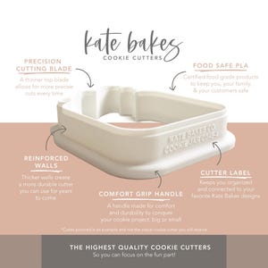 May include: White plastic cookie cutter shaped like a square jar with a rounded top. The cutter has a reinforced wall, a comfort grip handle, and a label that says "Kate Bakes Co. Cookie Jar Cutter".