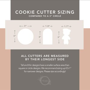 May include: A graphic showing cookie cutter sizing compared to a 3-inch circle. The graphic shows a circle, an arch, and a teddy bear cookie cutter, each with measurements in inches. The text reads "Cookie Cutter Sizing Compared to a 3" Circle" and "All cutters are measured by their longest side".
