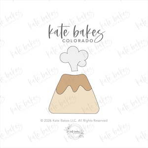 May include: A cookie cutter shaped like a volcano with a tan base, a light brown top section, and a white cloud of smoke emerging from the center. The text kate bakes COLORADO is printed above the volcano, with copyright text below.