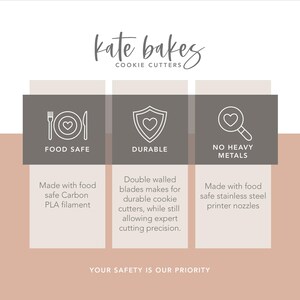 May include: A graphic showing three icons representing the safety features of cookie cutters. The first icon shows a plate with a fork and knife, and the text "Food Safe". The second icon shows a shield with a heart, and the text "Durable". The third icon shows a magnifying glass with a heart, and the text "No Heavy Metals". The text "Your Safety is Our Priority" is at the bottom of the graphic.