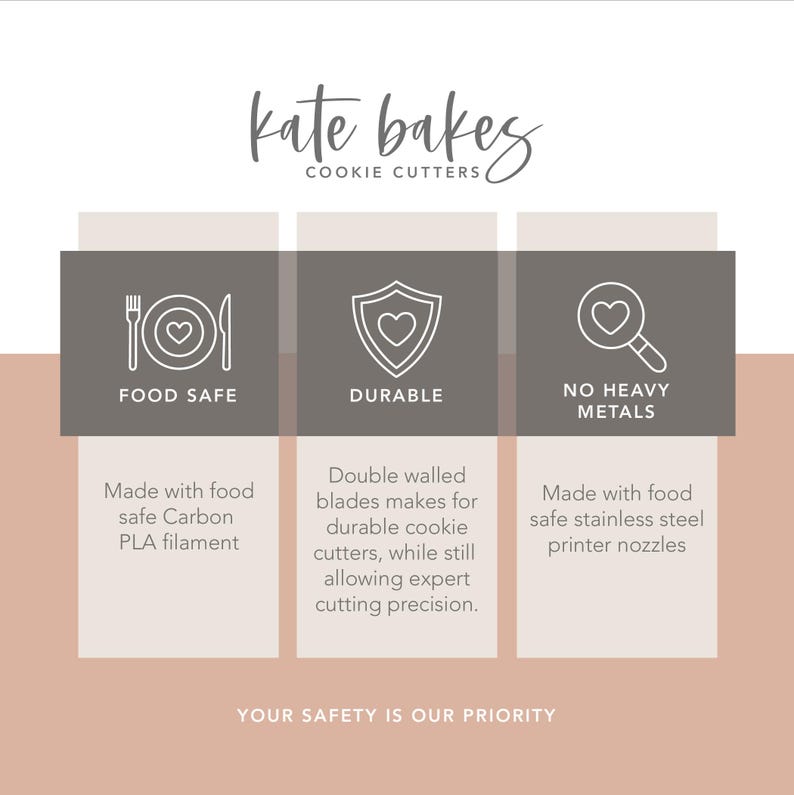 May include: A graphic showing three icons representing the safety features of cookie cutters. The first icon shows a plate with a fork and knife, and the text "Food Safe". The second icon shows a shield with a heart, and the text "Durable". The third icon shows a magnifying glass with a heart, and the text "No Heavy Metals". The text "Your Safety is Our Priority" is at the bottom of the graphic.