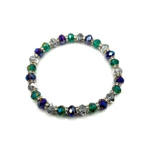Seattle Mariners MLB Baseball Inspired Blue, Green & Silver Shimmery Crystal Glass Rhinestone Beaded Bracelet