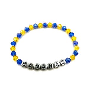 Savannah Bananas Baseball Inspired Silver Letter Beaded Bracelet with Shimmery Blue & Yellow Faceted Crystal Glass Beads with Silver Accents