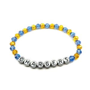 Los Angeles Chargers NFL Football Inspired Silver Letter Bracelet with Blue & Yellow Shimmery Crystal Glass Beads