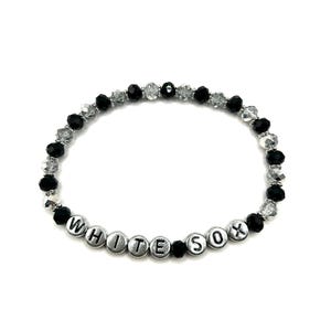 Chicago White Sox MLB Baseball Inspired Silver Letter Bracelet with Black & Silver Shimmery Crystal Glass Beads