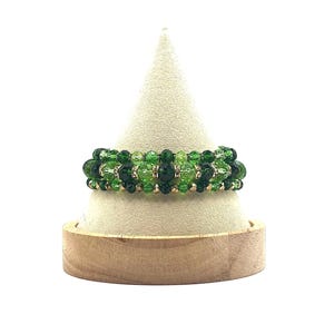 St. Patrick’s Day Green & Gold 3 Piece Shimmery Crystal Glass Beaded Bracelet Set with Rhinestone Accents